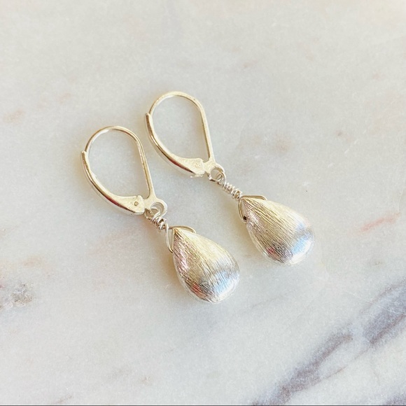 Brushed Sterling Silver Teardrop Lever back Dangle/ Drop - Picture 2 of 6